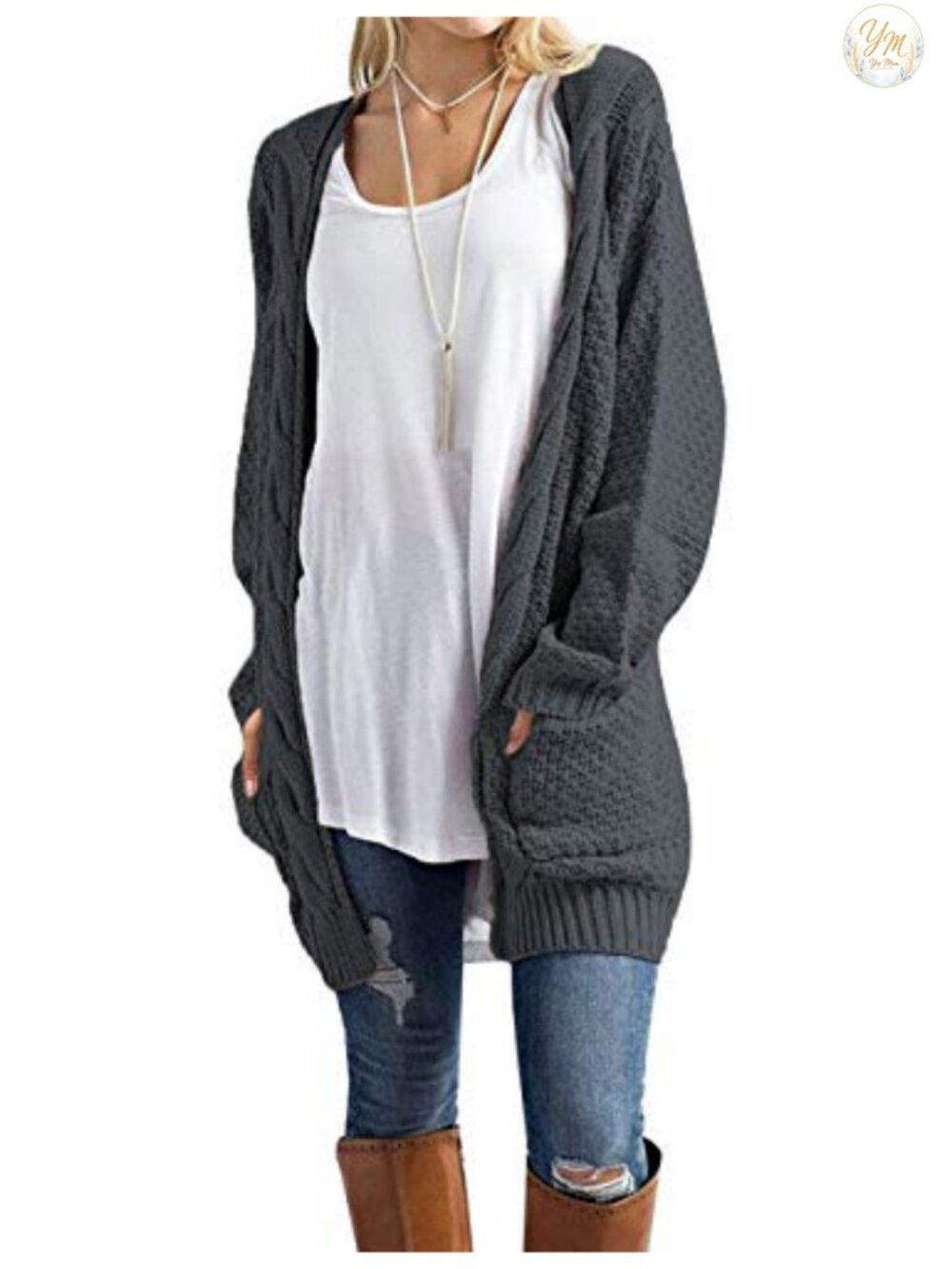 Women's Open Front Cable Knit Cardigan Long Sleeve Chunky Loose Sweater with